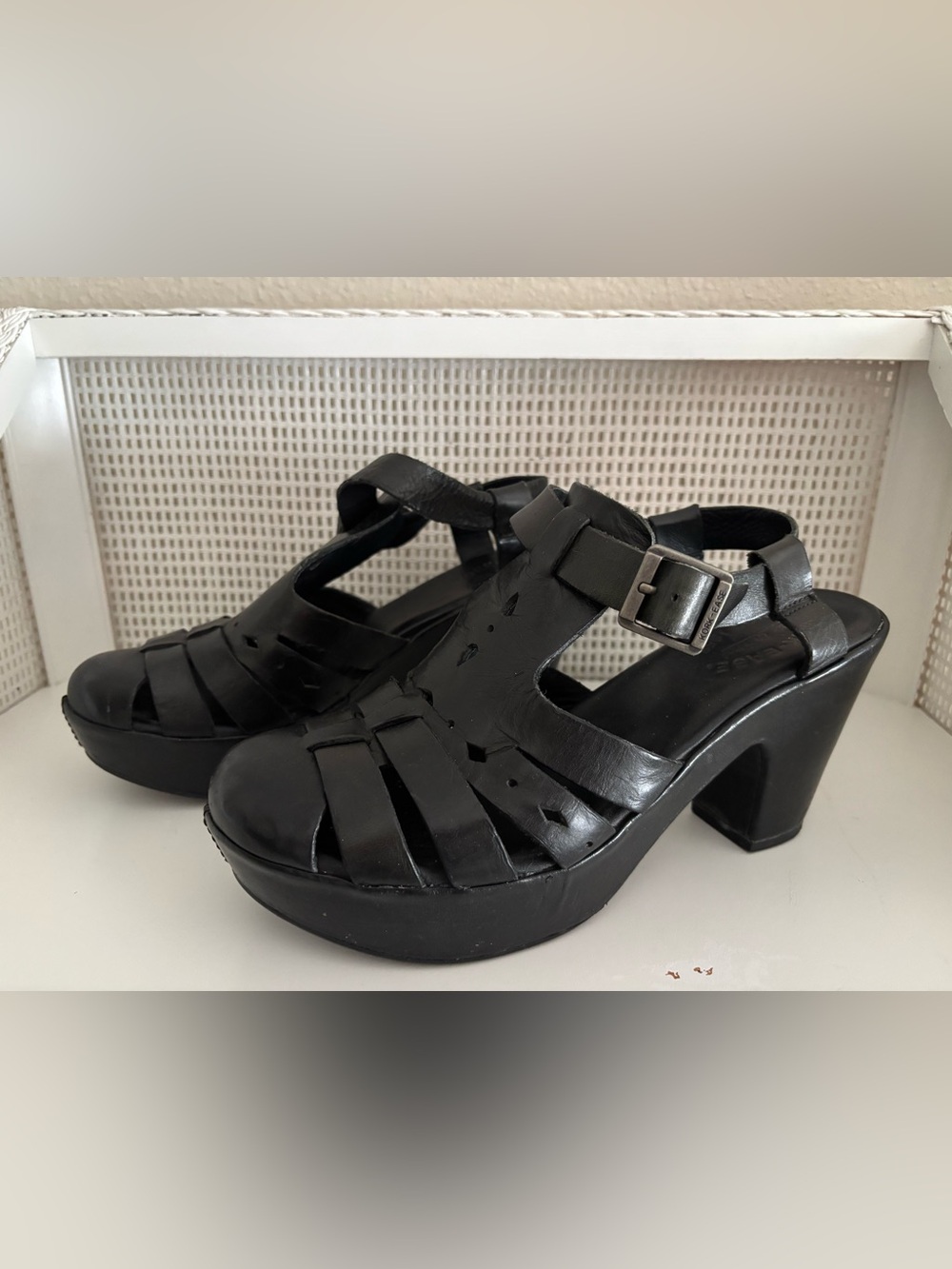 Kork-Ease “Blythe” Black Leather Ankle Strap Wrapped Platform & Heel Clog - Sz 9